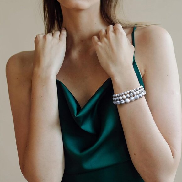 3 PCS 4,6,8mm Howlite Healing Natural Stone Beaded Stretch Bracelet for Women - Picture 3 of 6